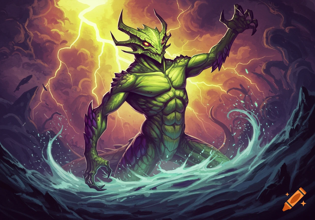 A muscular, green scaly creature with horns and red eyes emerges from turbulent water as lightning strikes in the stormy sky.