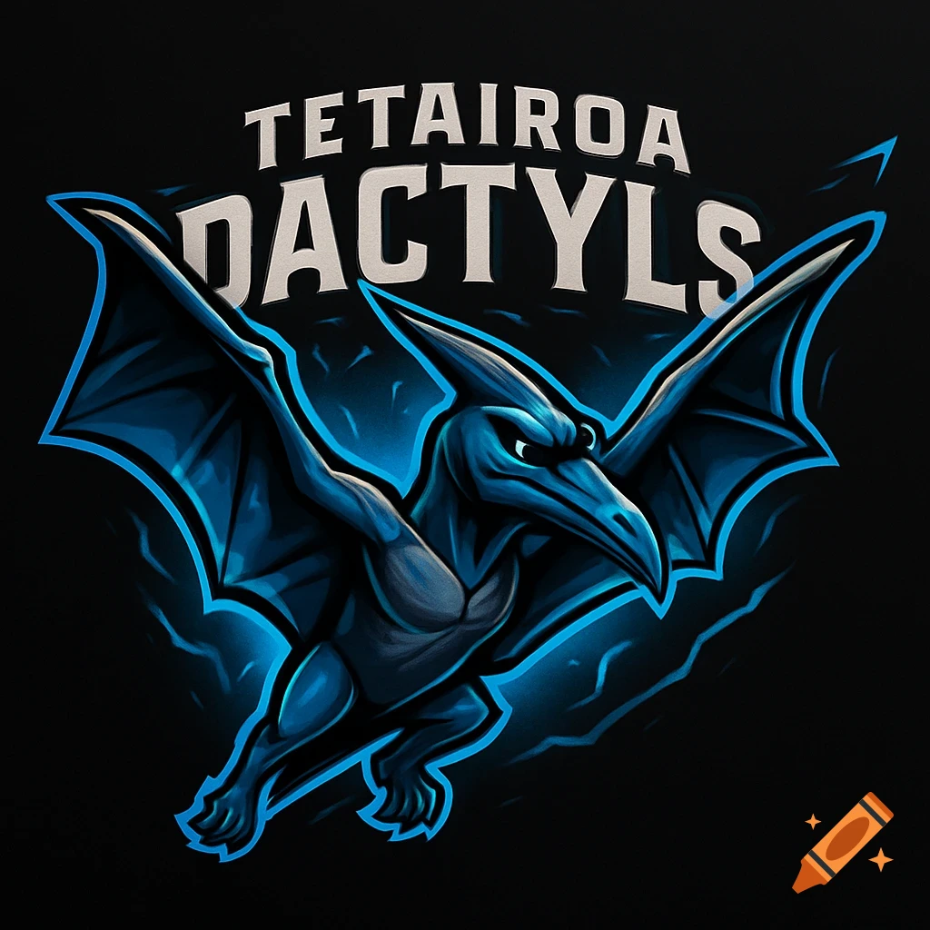 Dark blue pterodactyl mascot logo with a glowing outline and the words 'TETAIROA DACTYLS' on a black background.