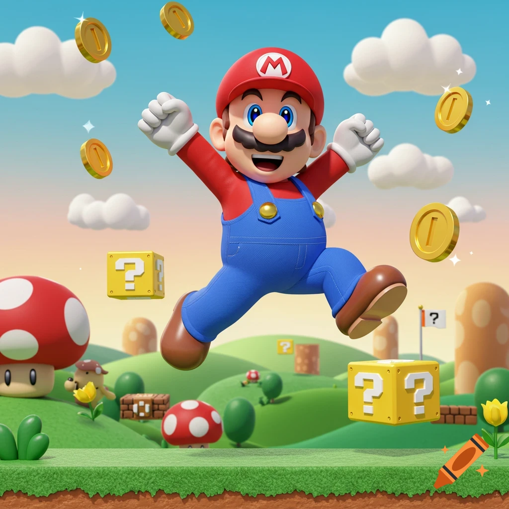 3D animated Mario leaps joyfully in a bright, colorful landscape with floating coins, clouds, mushrooms, and question mark blocks.