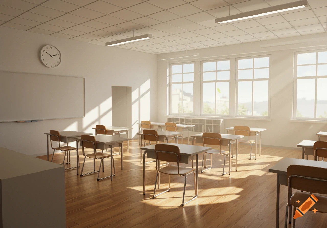 An empty university classroom with rows of desks, a whiteboard, and a clock showing 11:40 AM. Sunlight streams through large windows.