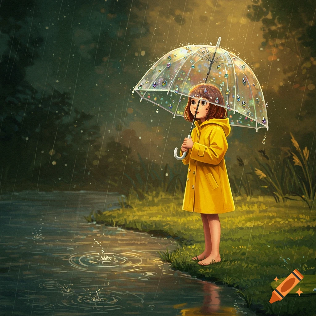 An illustrated girl in a yellow raincoat holds a clear umbrella while standing barefoot by a pond in the rain.
