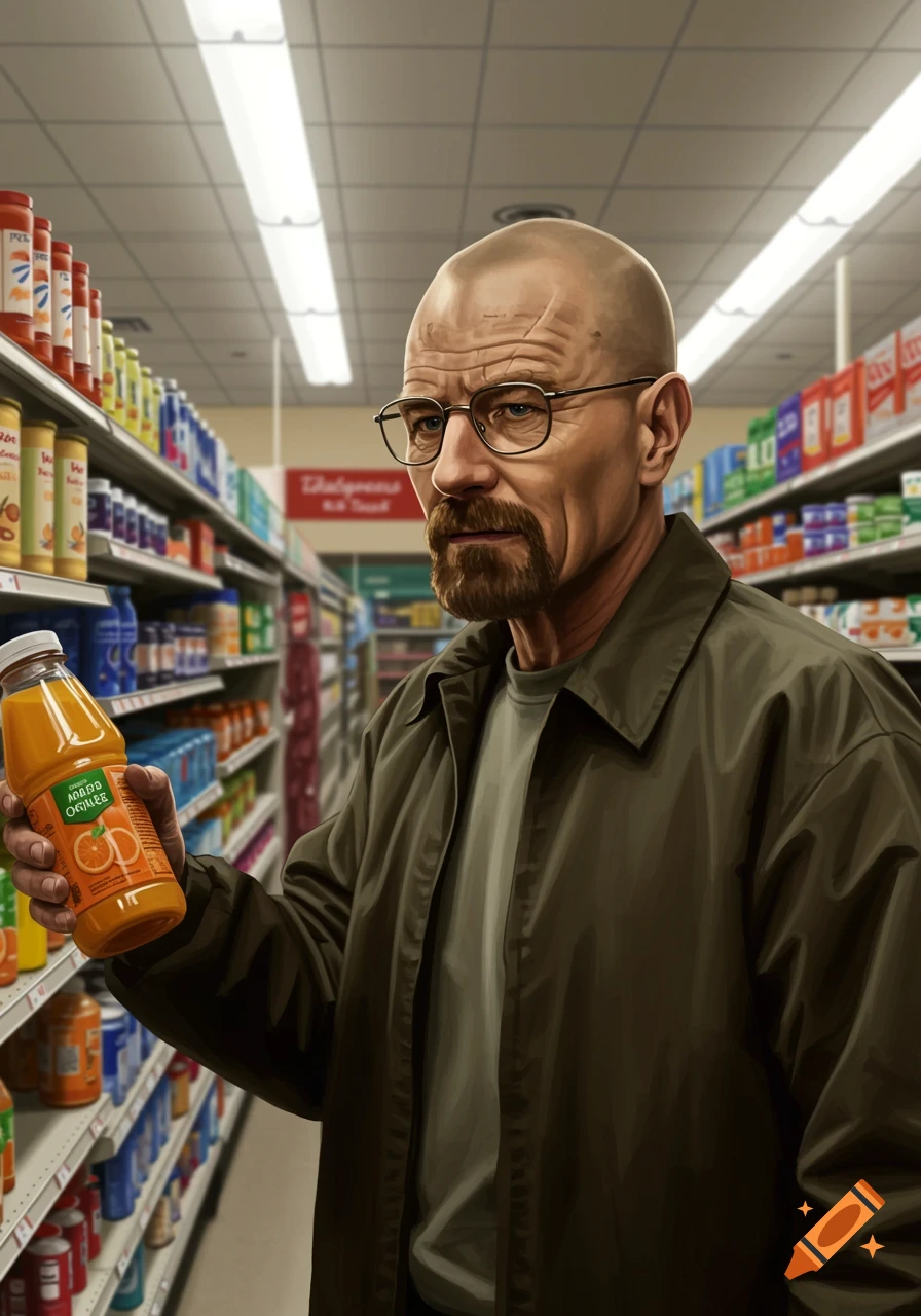 A bald man with a goatee and glasses, resembling Walter White, stands in a supermarket aisle holding an orange juice bottle.