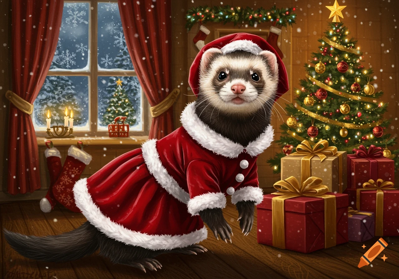 A cute ferret in a red Mrs. Claus dress and hat poses in a festive room with a Christmas tree, presents, and a snowy window. Illustrated.
