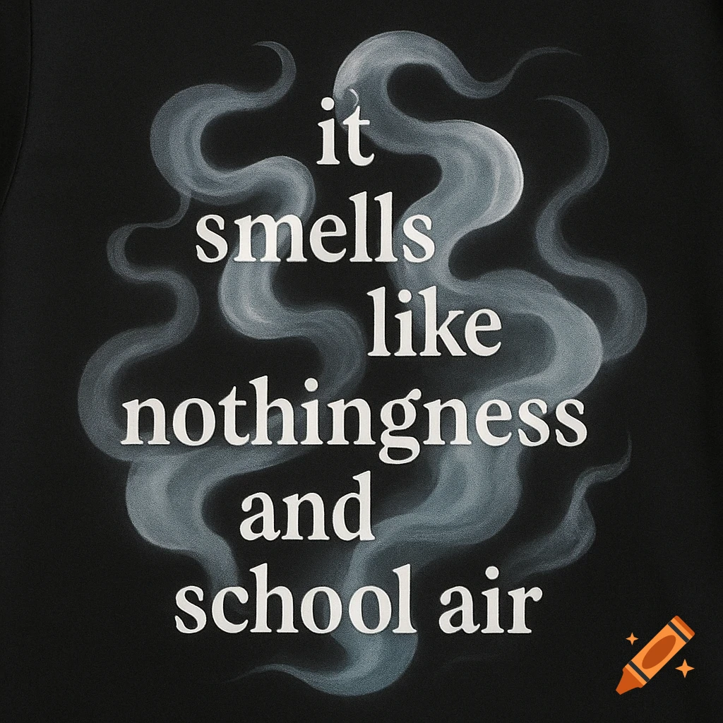White text 'it smells like nothingness and school air' on a black background with swirling grey smoke.
