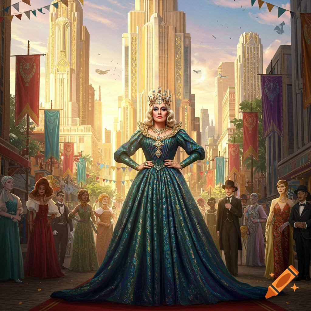 A queen in a lavish blue-green gown and crown stands on a red carpet in an opulent Art Deco city street, surrounded by people.