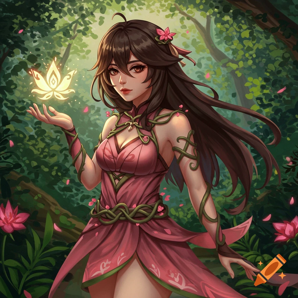A fantasy female character with long dark hair, wearing a pink and green dress, holding a glowing lotus in a lush forest. Anime art style.