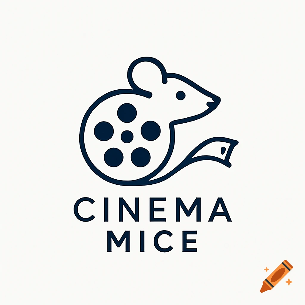 A minimalist navy blue line art logo of a mouse whose body is a film reel, with 'CINEMA MICE' text below.