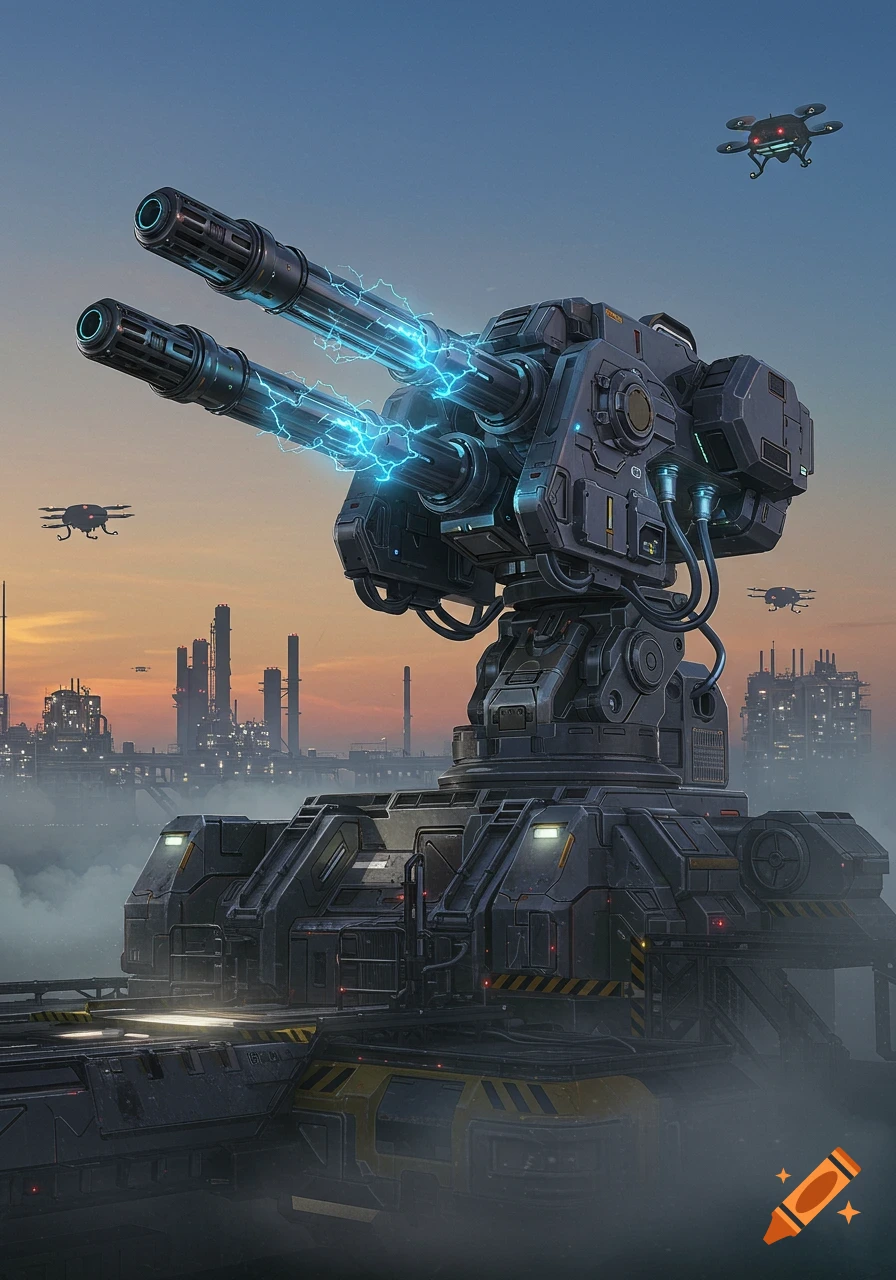 A large futuristic railgun turret with blue energy emanating from its barrels, positioned on a fortified base. Drones fly against a sunset sky over a dystopian city skyline.