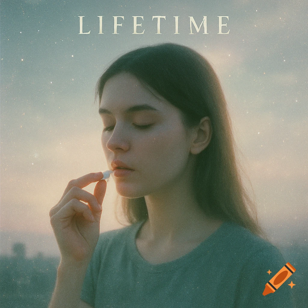 A young woman with closed eyes brings a white pill to her lips, under a sky with the word "LIFETIME" and faint stars.
