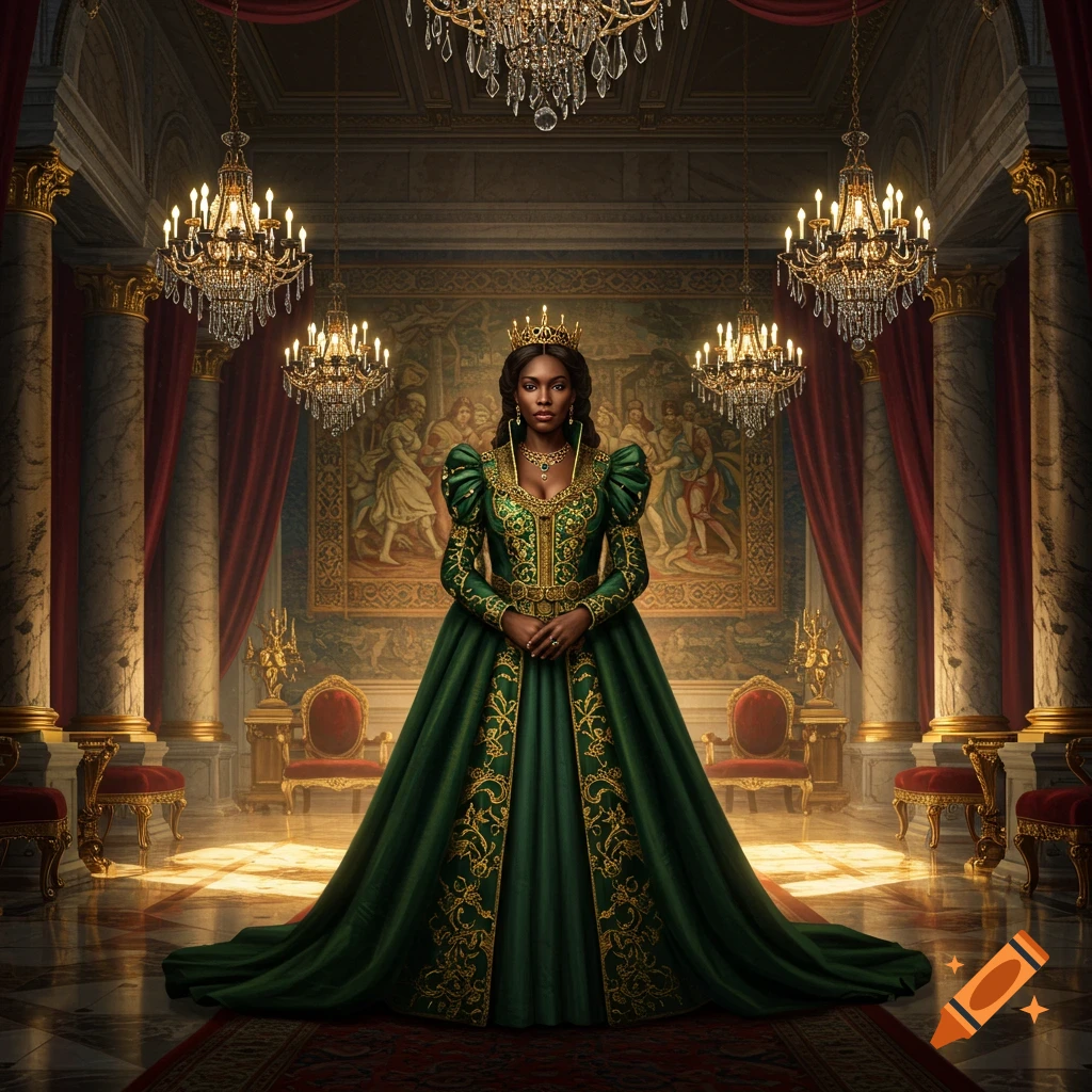 A Black queen in a majestic green and gold gown stands regally in a grand, chandelier-lit palace hall with ornate tapestries.
