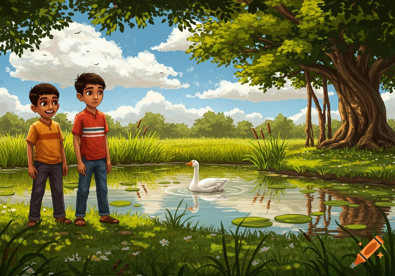 Two cartoon boys stand by a pond with a white goose, surrounded by green grass and trees under a blue sky.