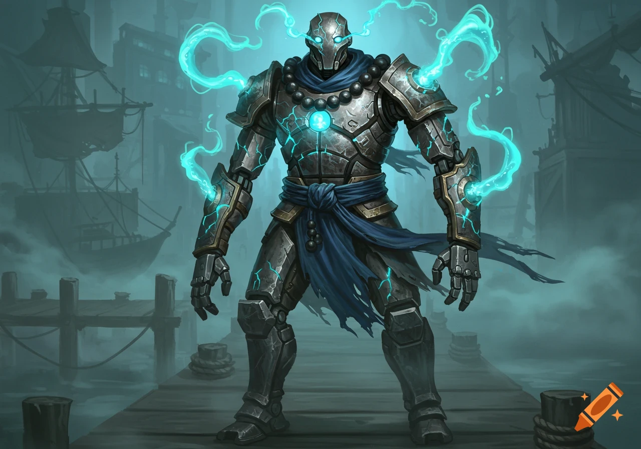 A warforged robotic monk with glowing blue cracks and eyes stands on misty docks, a fantasy digital painting.