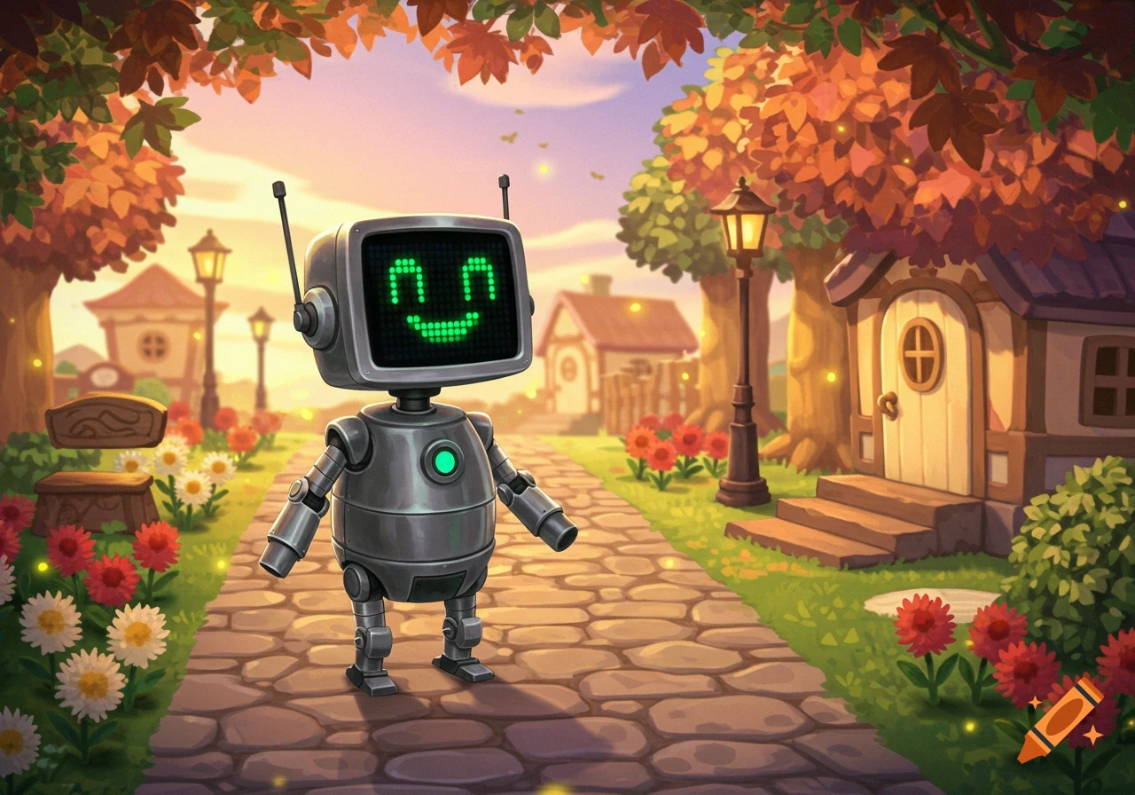 A friendly robot with a pixelated smiley face on its screen walks on a cobblestone path in an autumnal Animal Crossing-style village.
