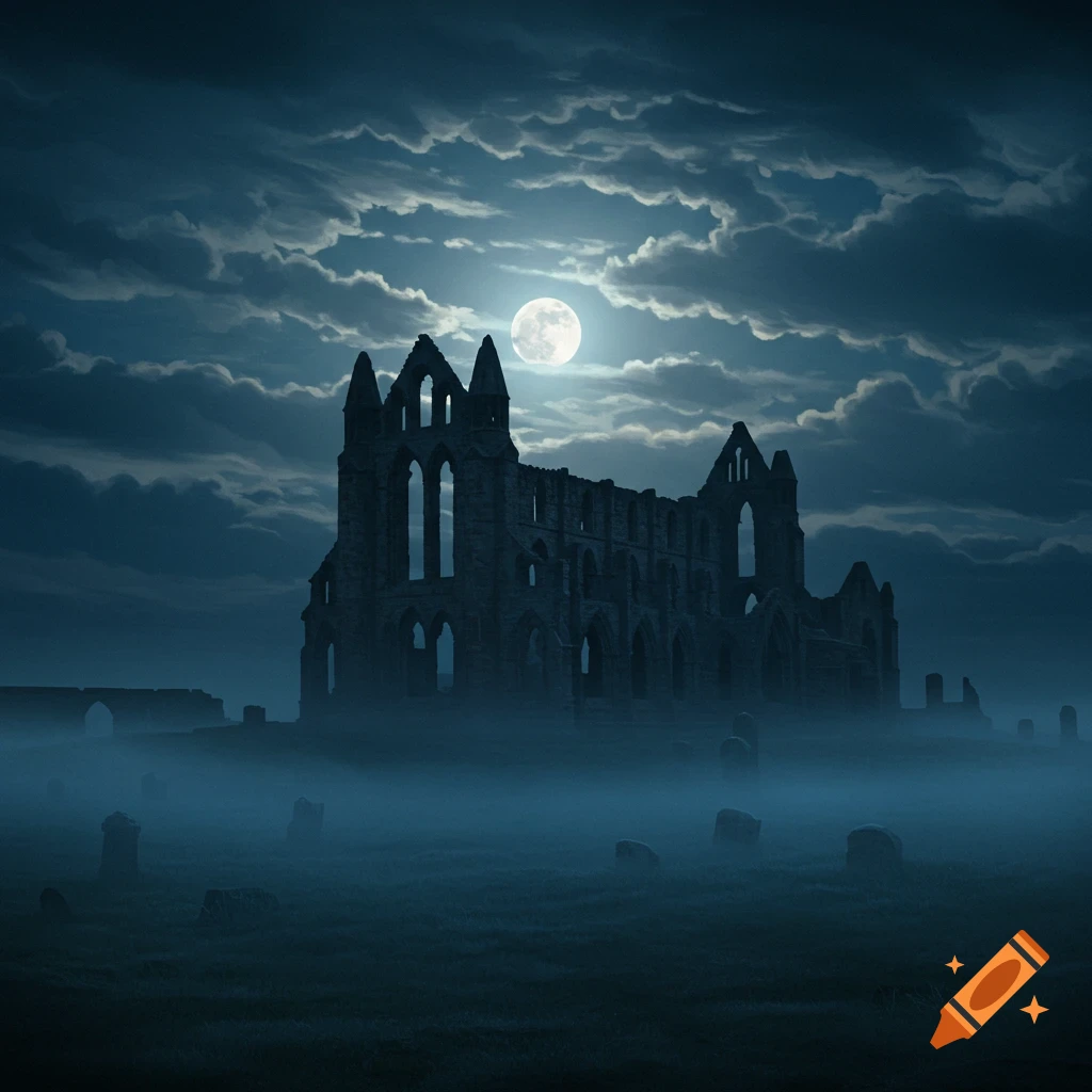 A moody oil painting of Whitby Abbey ruins at night, under a bright full moon partially obscured by dark clouds, with mist covering a graveyard in the foreground.