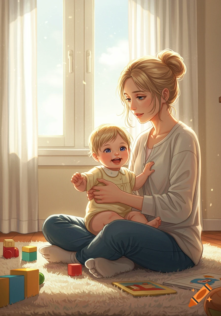 Animated illustration of a blonde mother and her laughing baby sitting on a rug surrounded by colorful toys in a sunny room.