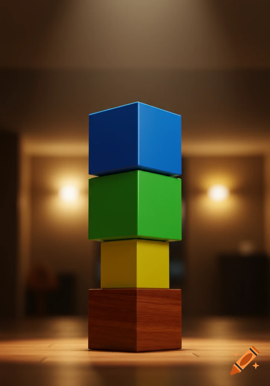 A photorealistic stack of four colorful cubes (blue, green, yellow, brown) in a dimly lit room with warm lighting.