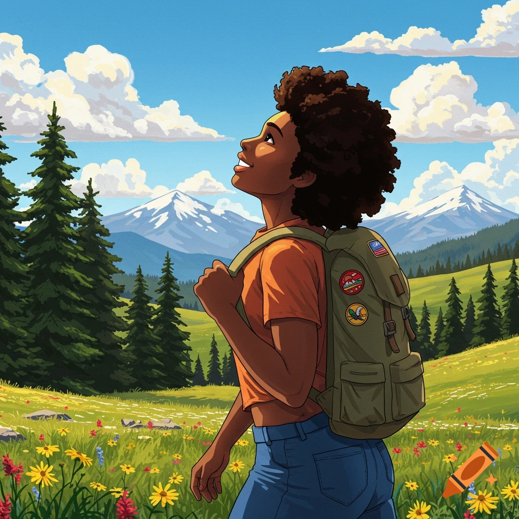 Animated black woman hiker with natural hair and a backpack, smiling and looking up at the sky in a vibrant mountain landscape with trees and wildflowers.