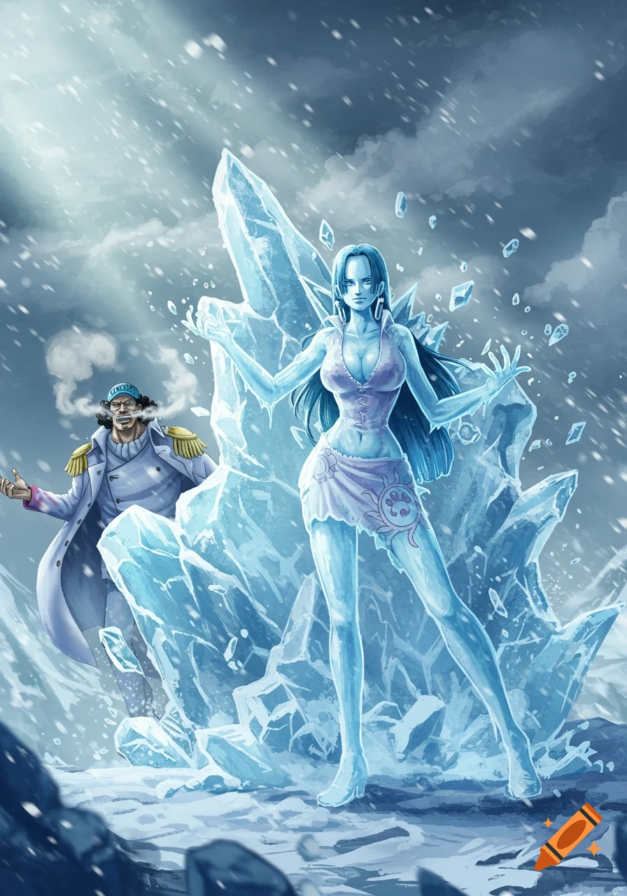 Anime illustration of Boa Hancock as an ice statue and Aokiji in a snowy landscape, from One Piece.