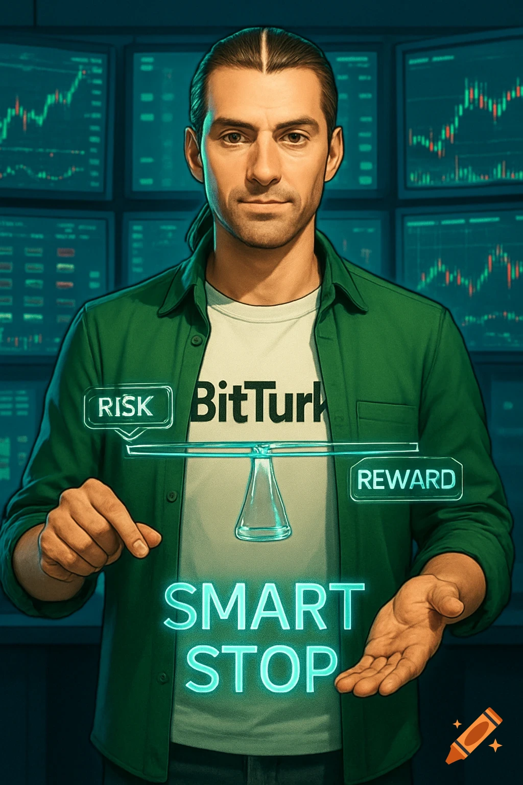 Digitally illustrated male trader presenting risk-reward and smart stop concepts in a trading room with monitors.