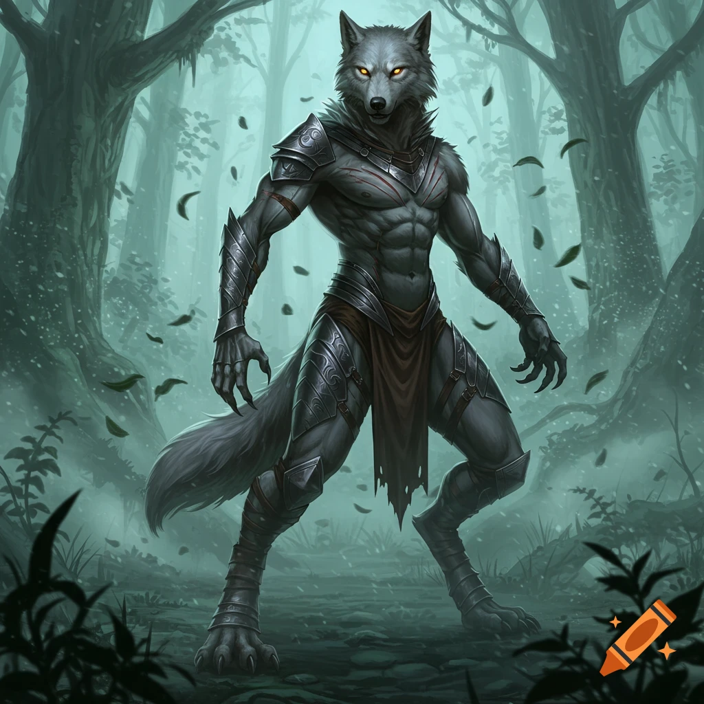 A muscular, armored grey werewolf with glowing yellow eyes stands in a misty, dark forest. Digital art.