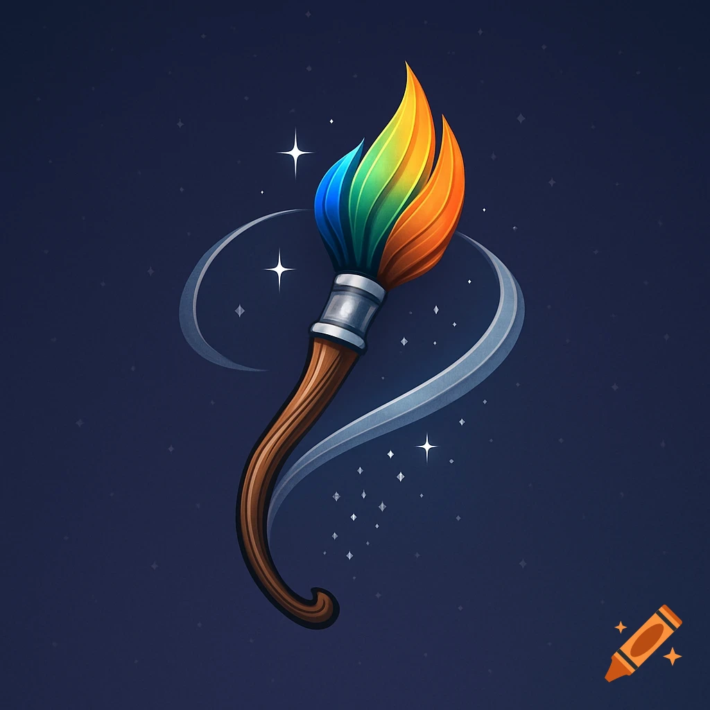 Stylized logo featuring a paintbrush with rainbow-colored bristles and a wooden handle on a dark, starry background with a swirling ribbon.