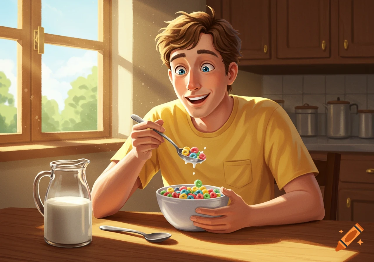 Smiling young man with blue eyes eating colorful cereal with a spoon from a bowl. A milk pitcher sits on a sunlit wooden table in a kitchen, cartoon style.