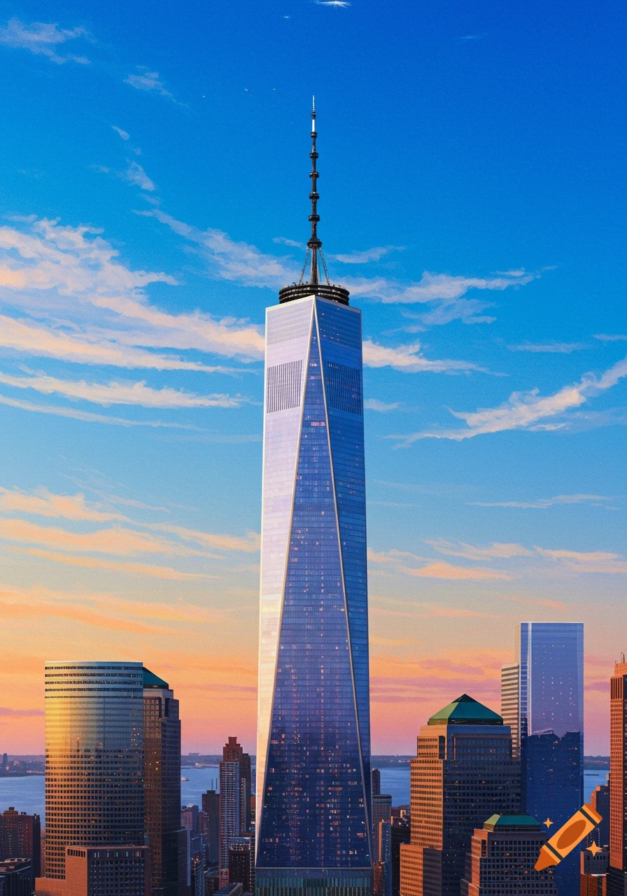 Photorealistic shot of the One World Trade Center skyscraper towering over other buildings against a blue sky with orange clouds.