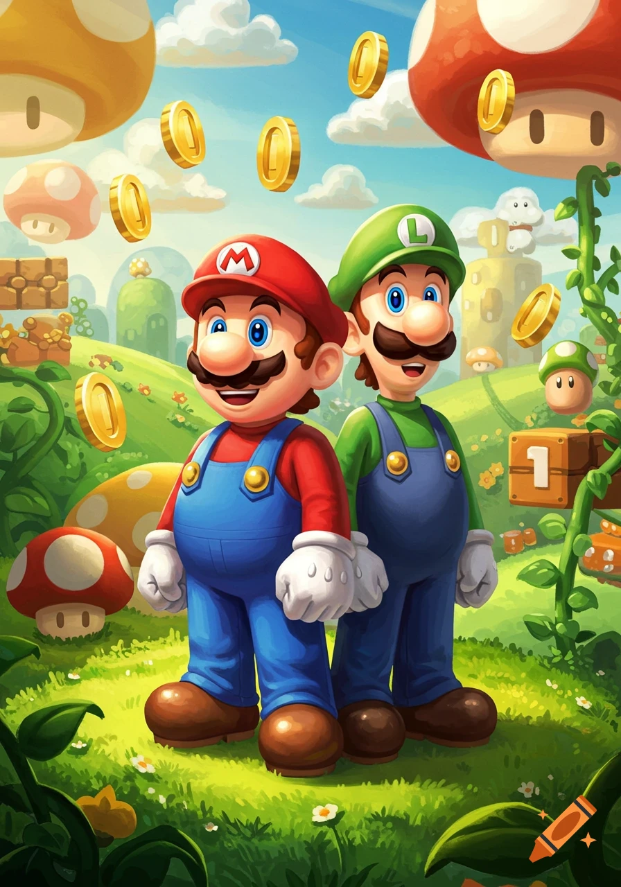 Cartoon Mario and Luigi smiling in a vibrant green landscape with mushrooms, blocks, and floating gold coins.