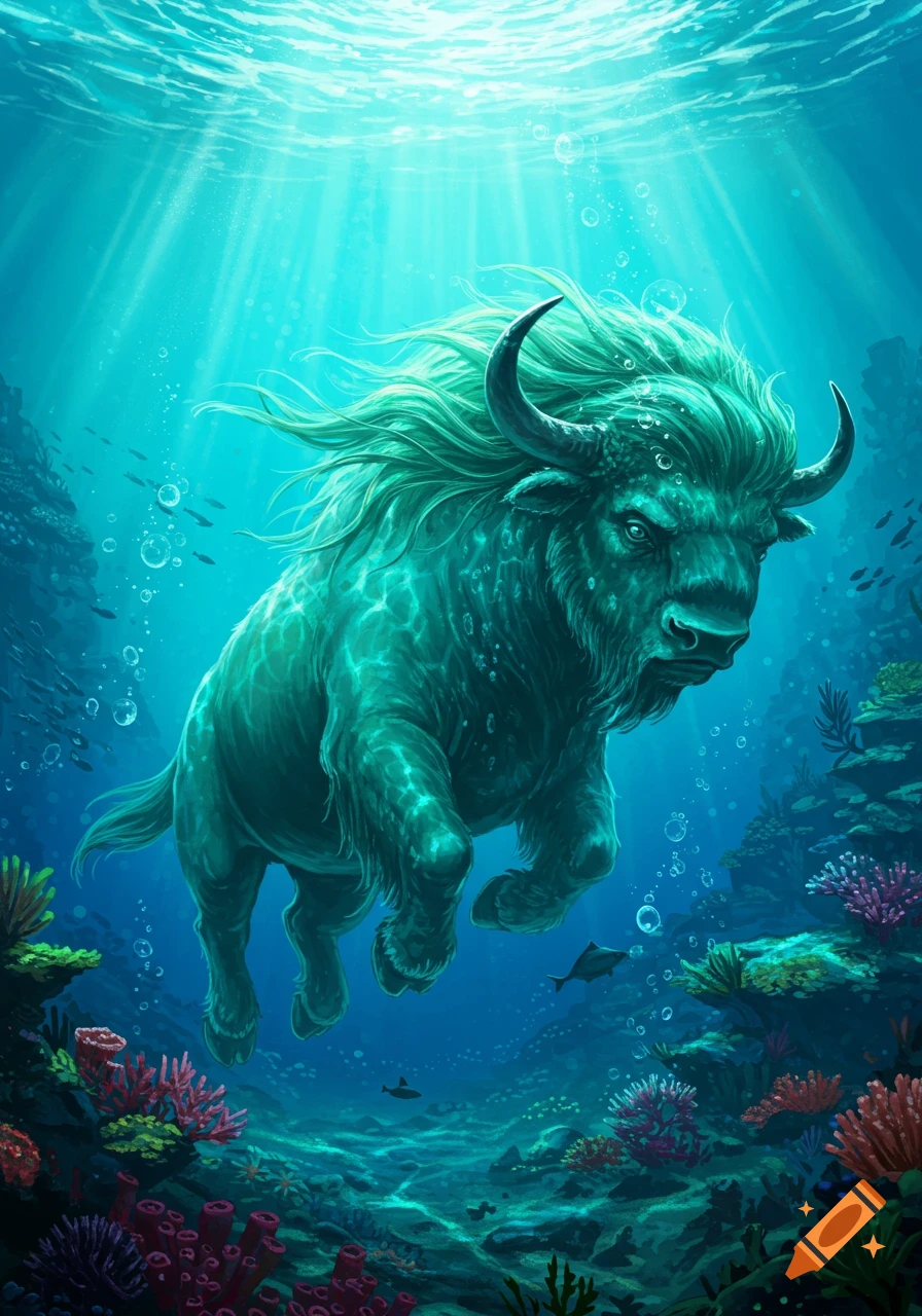 A majestic, glowing turquoise sea bison with long hair and horns swims through vibrant coral reefs in a sunlit underwater scene.