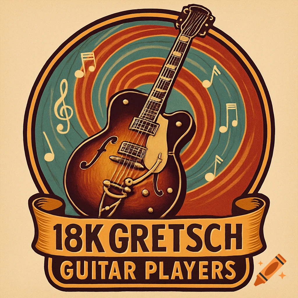Vintage-style badge with a brown sunburst Gretsch guitar, musical notes, and text '18K GRETSCH GUITAR PLAYERS' on a swirling background.