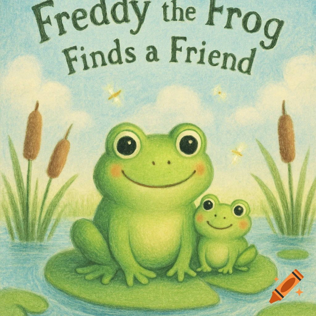 A colored pencil illustration of two smiling frogs on a lily pad, with the title 'Freddy the Frog Finds a Friend' above.