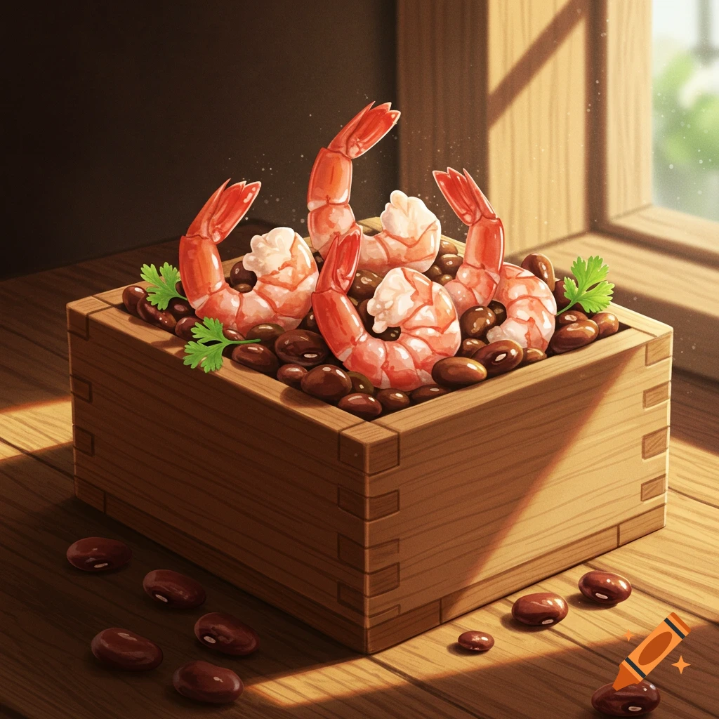 Illustrative close-up of cooked shrimp and brown beans in a wooden box, on a sunlit wooden table near a window.