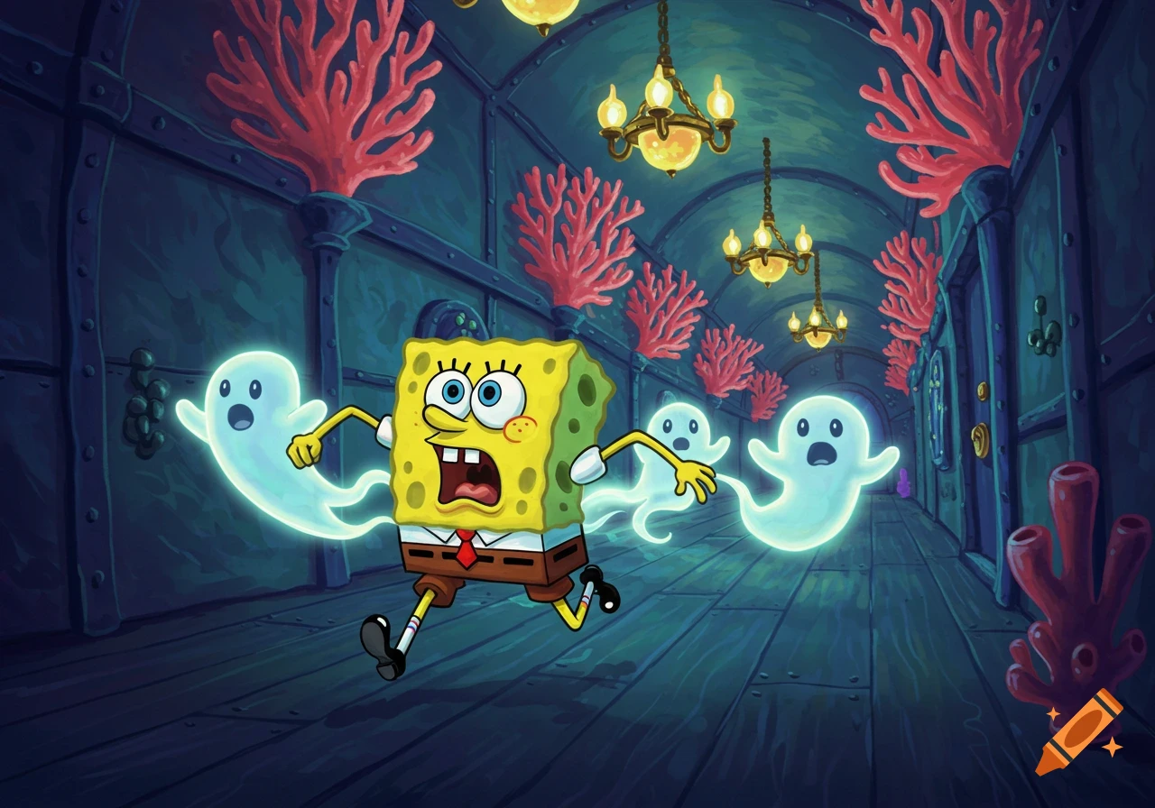 Spongebob Squarepants, wide-eyed and scared, runs through a spooky hallway with red coral and chandeliers, pursued by glowing white ghosts.