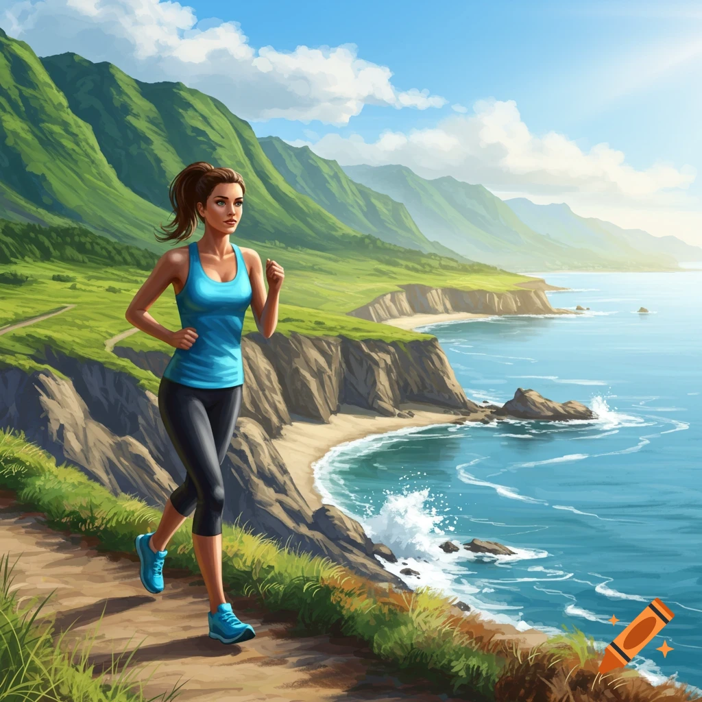 A woman runs on a path next to a vibrant coastal landscape with green mountains and a blue ocean under a clear sky. Stylized.