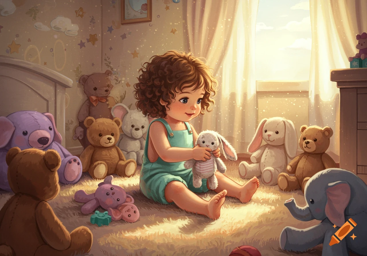 A cute toddler with curly hair plays on a fluffy carpet with stuffed animals in a sunlit nursery, in an illustrated style.