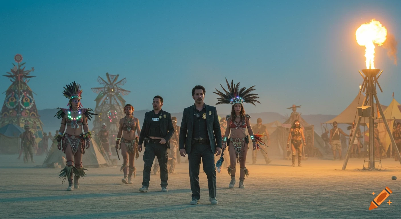 A group of people, including police-like figures and costumed women, walk across a desert festival with art installations and a flaming torch.