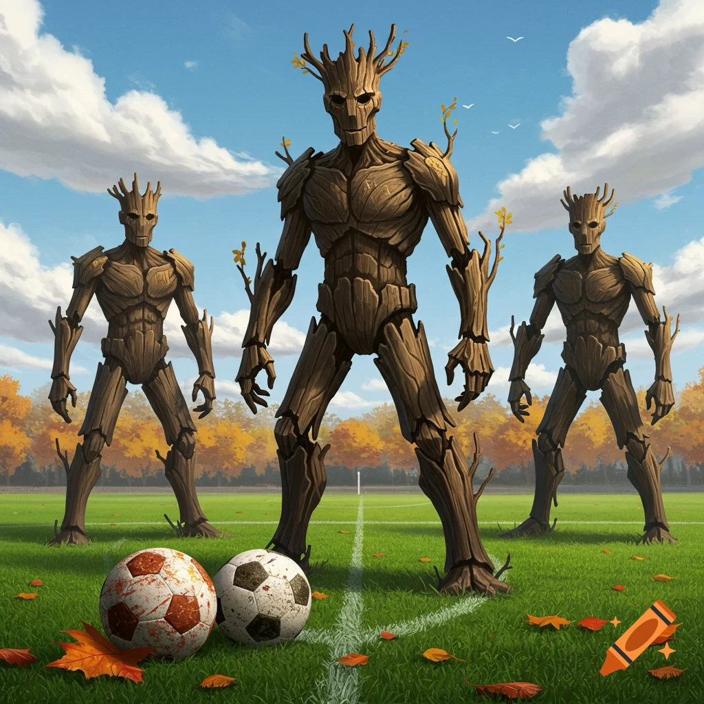 Three Groot-like wooden figures stand on a soccer field with two soccer balls and autumn leaves under a blue sky.