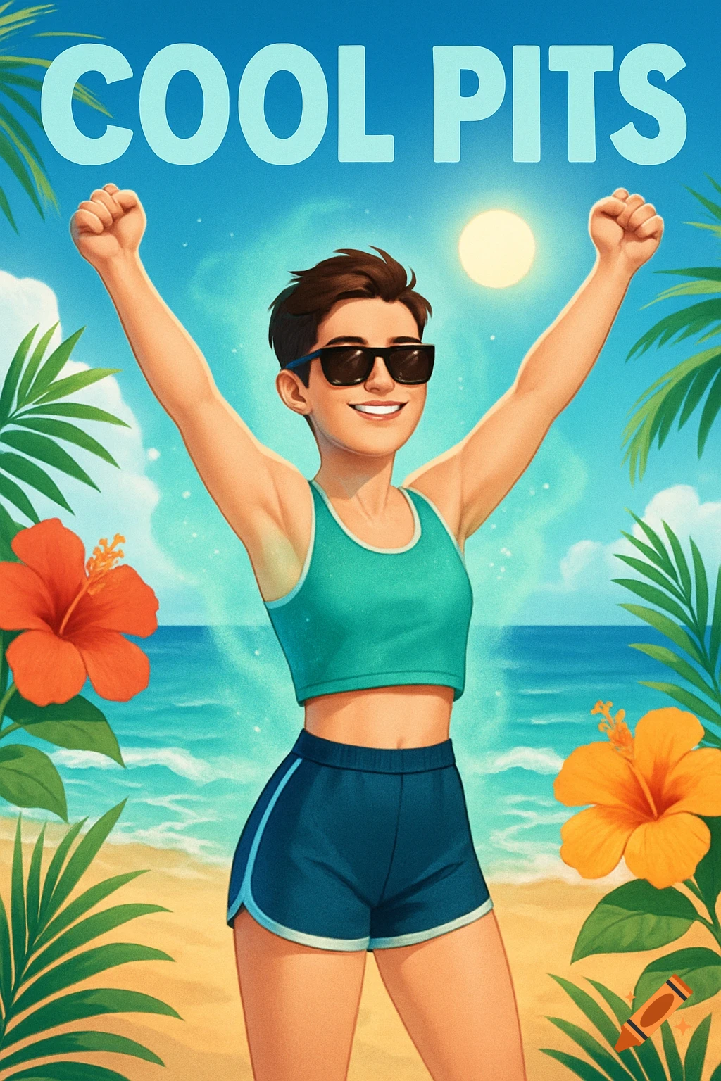 A smiling person in sunglasses and a teal crop top on a tropical beach, raising their arms in a cheerful pose. Text reads "COOL PITS" above them in a vibrant illustration style.