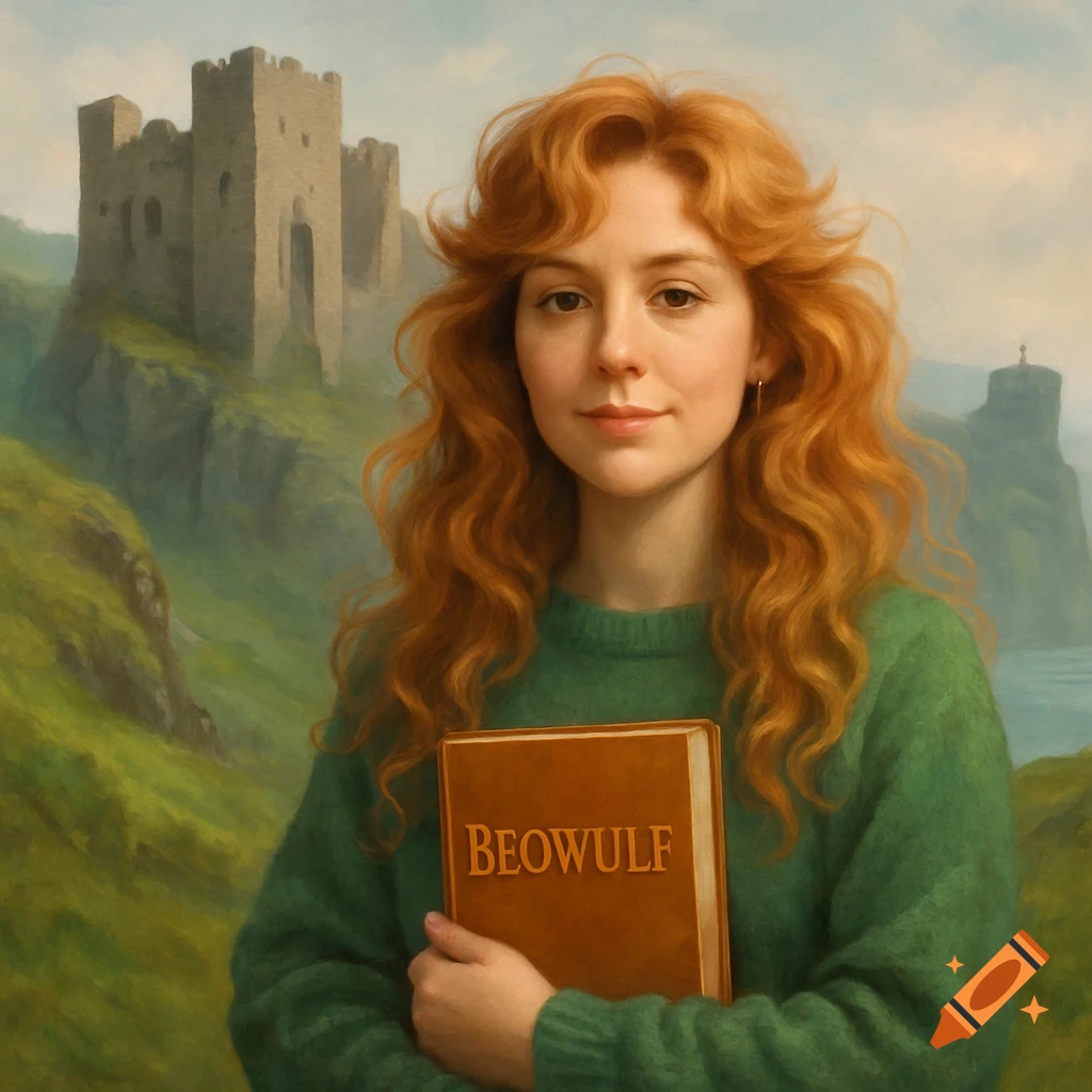 A woman with long, wavy red hair in a green sweater holds a book titled 'BEOWULF' in front of a castle ruin on a cliff.