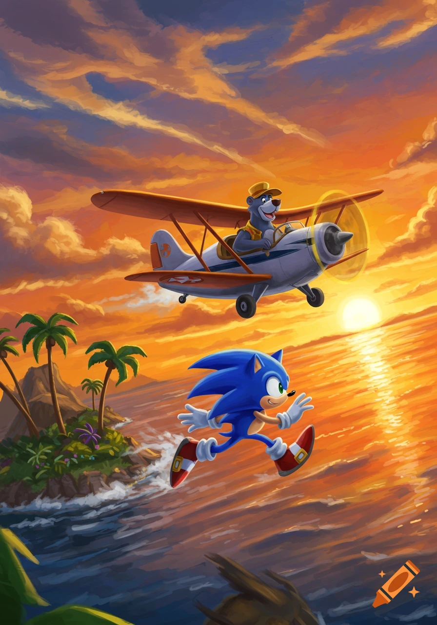Cartoon of Sonic the Hedgehog running on water as Baloo flies a biplane above him at sunset over a tropical island.