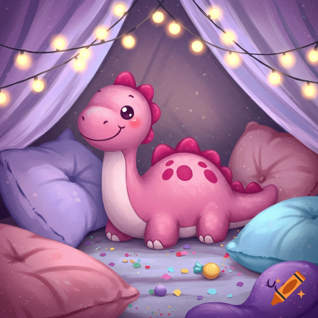 A cute pink cartoon dinosaur plush sits in a cozy pillow fort with string lights and colorful pillows, surrounded by confetti.