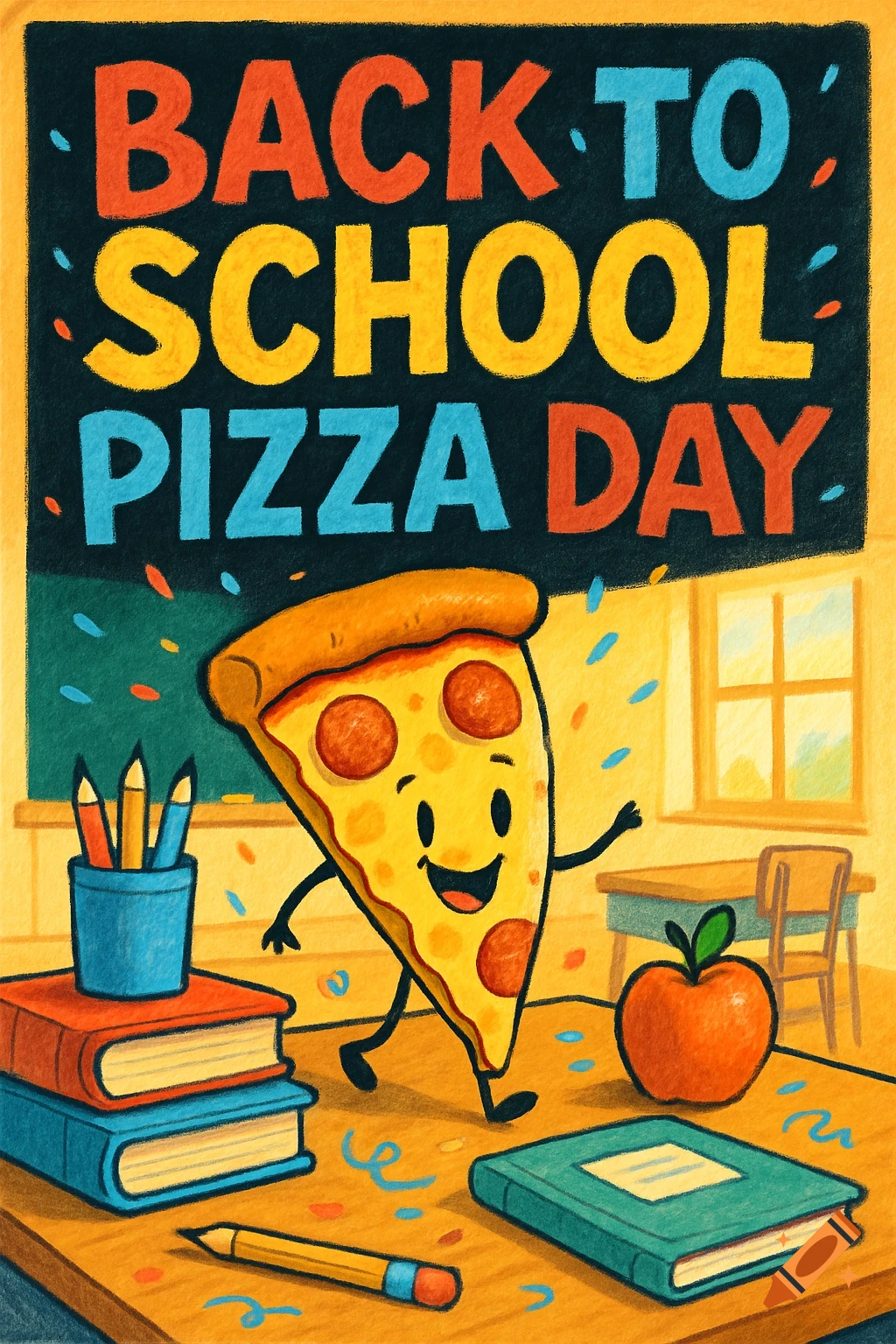 Cartoon illustration of a smiling pizza slice walking on a school desk. A chalkboard reads "BACK TO SCHOOL PIZZA DAY". Books, pencils, and an apple are on the desk.