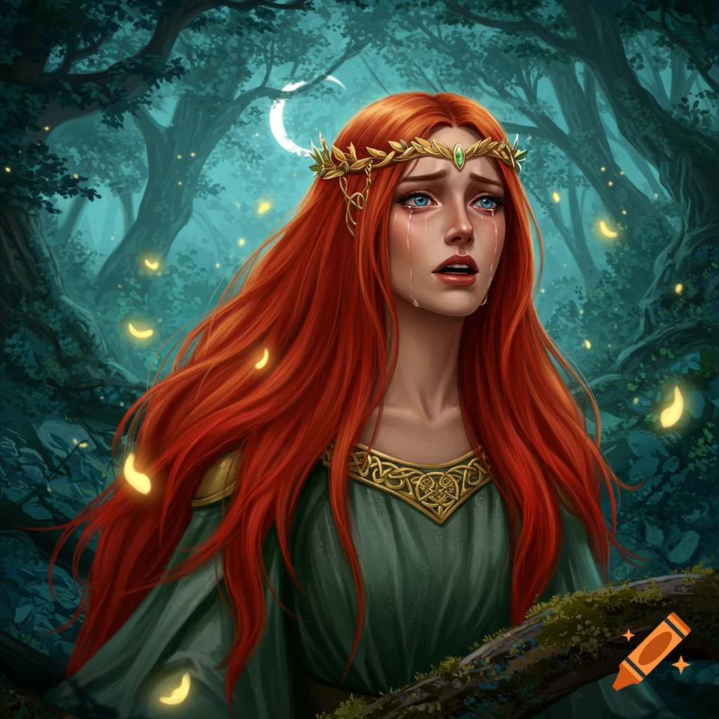 Digital painting of a red-haired Celtic goddess with a gold crown, crying in a dark forest with glowing leaves and a crescent moon.