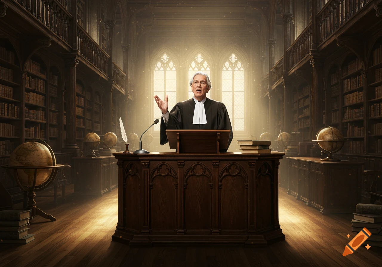 An older man in academic robes speaks at a podium in a grand library or courtroom with tall bookshelves and sunlit gothic windows.