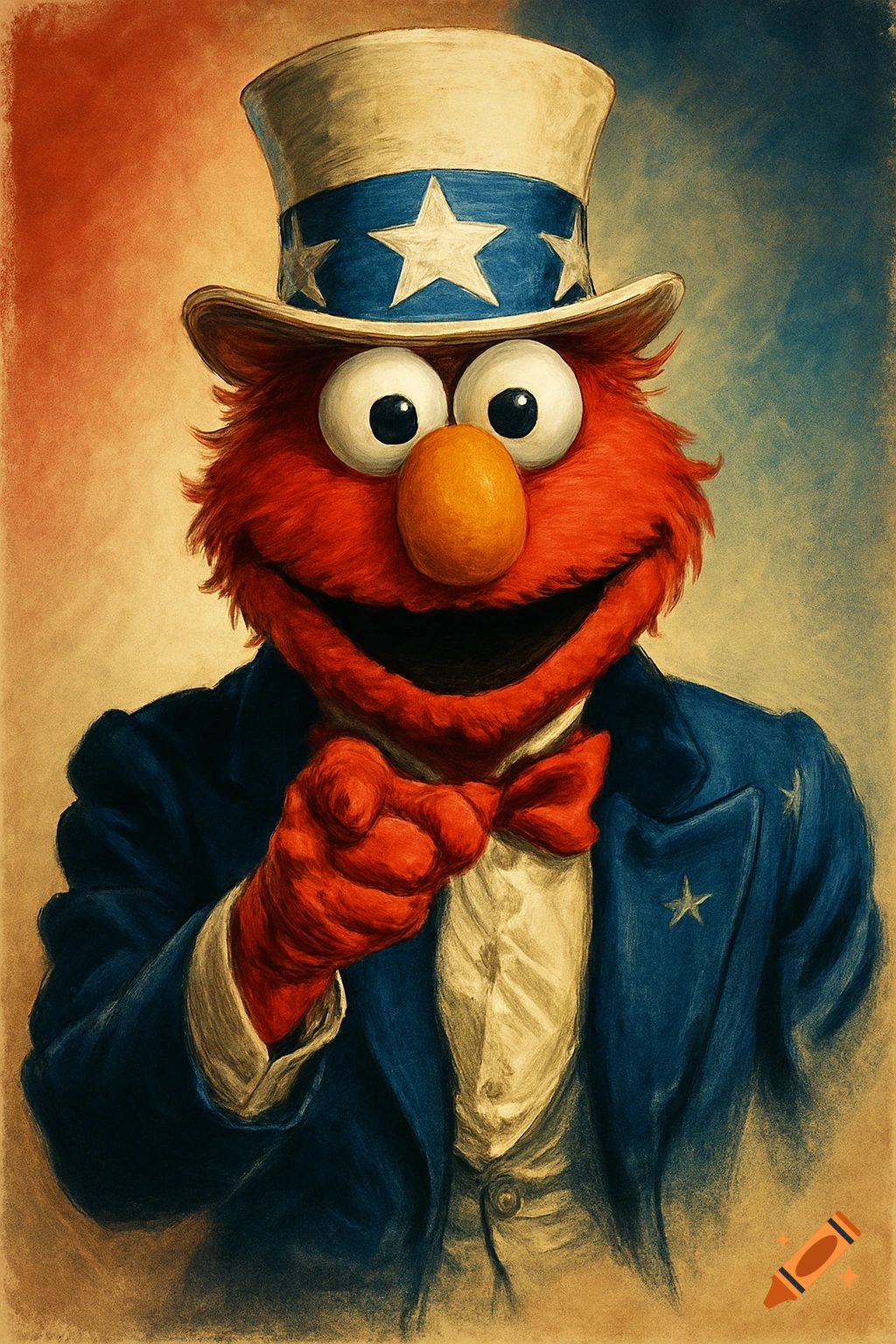 Elmo dressed as Uncle Sam, wearing a top hat and suit, pointing at the viewer in a vintage poster art style.