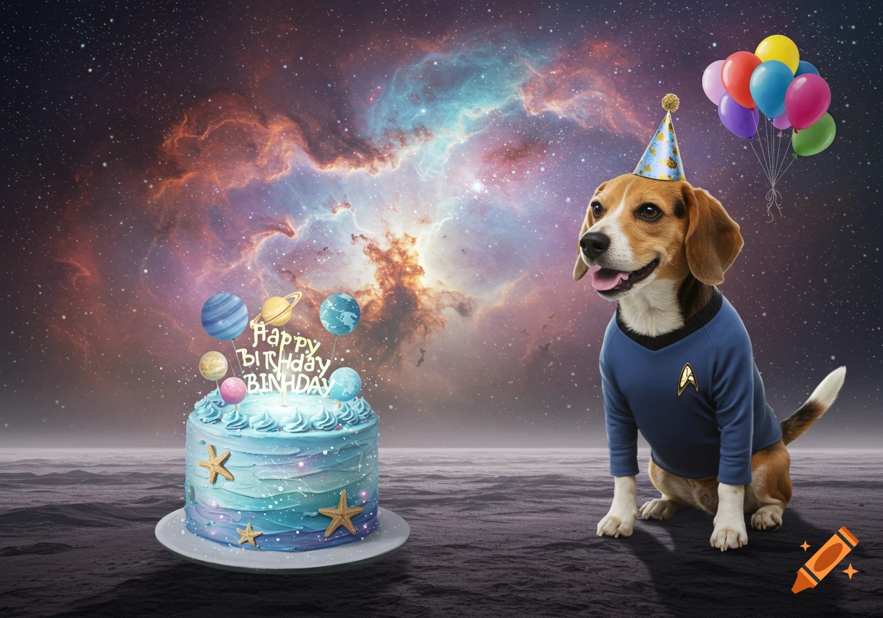 A beagle dog in a Star Trek uniform and party hat sits next to a space-themed birthday cake with planet toppers and balloons against a nebula backdrop.