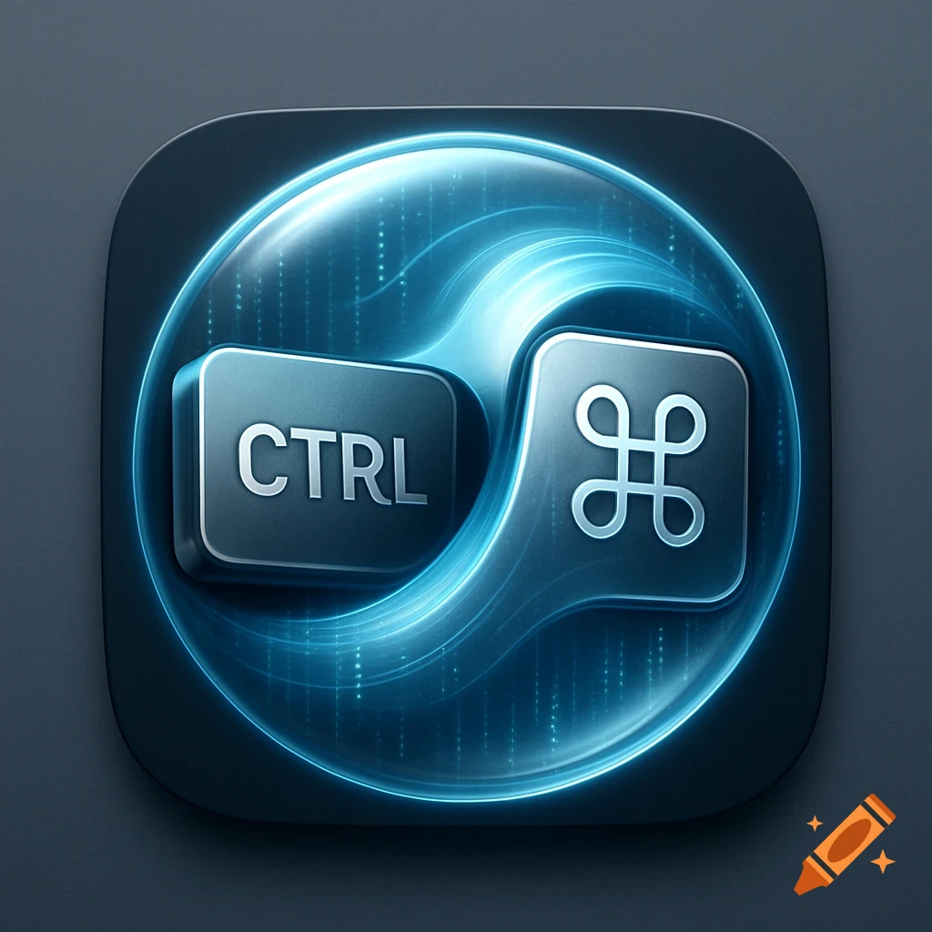 App icon featuring a metallic CTRL key and a Command key symbol surrounded by glowing blue lines on a dark, rounded square.