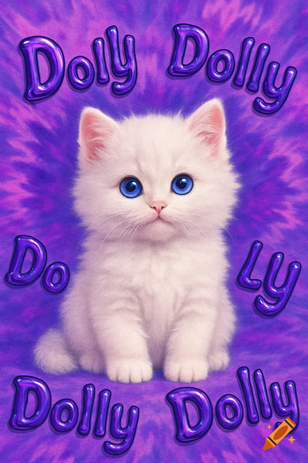 A cute fluffy white kitten with bright blue eyes sits on a vibrant purple tie-dye background, surrounded by shiny purple letters spelling 'Dolly'.