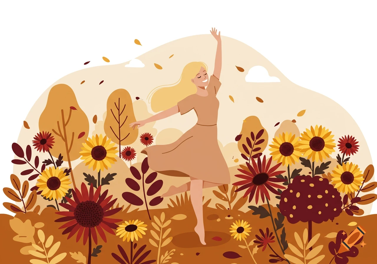 A joyful blonde woman in a brown dress dances amidst colorful fall flowers and autumn leaves in a flat illustration style.