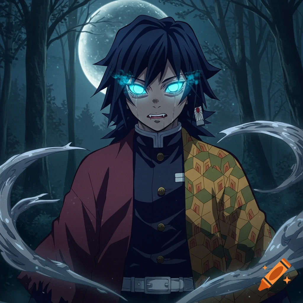 Anime character Giyu Tomioka as a demon with glowing blue eyes and fangs, crying in a dark forest under a full moon.